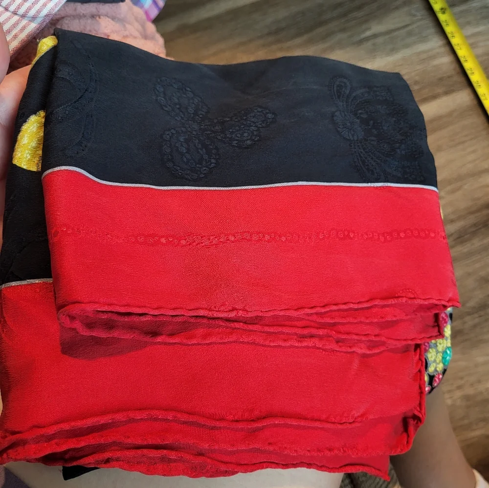 Cartier Black Scarf with Red Border and Yellow Floral Pattern